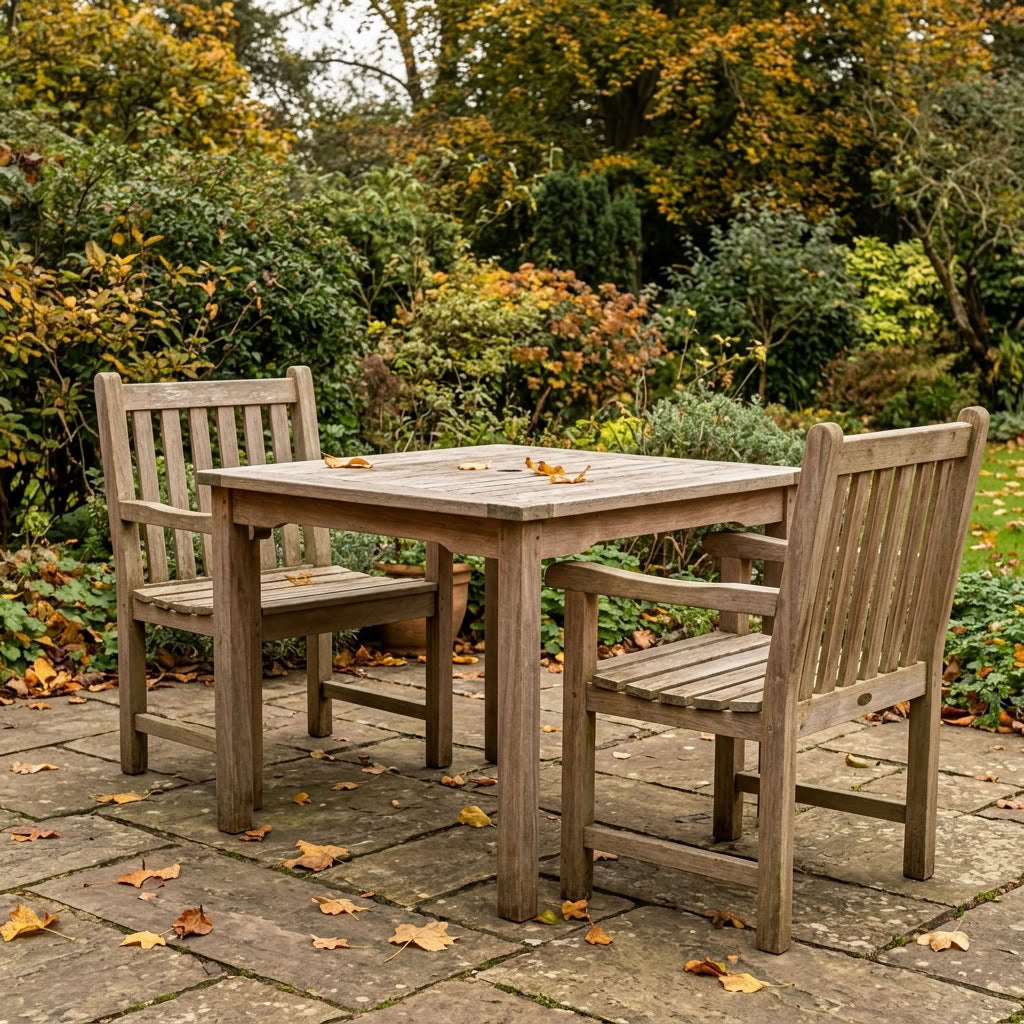 Faded and weathered wooden garden table and chairs ready for restoration